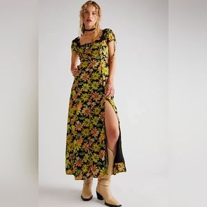 Free People Floral Midi Dress - Black and Yellow
